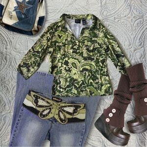 New York & Company Green Paisley babydoll collared 3/4 sleeve top size M Y2K
